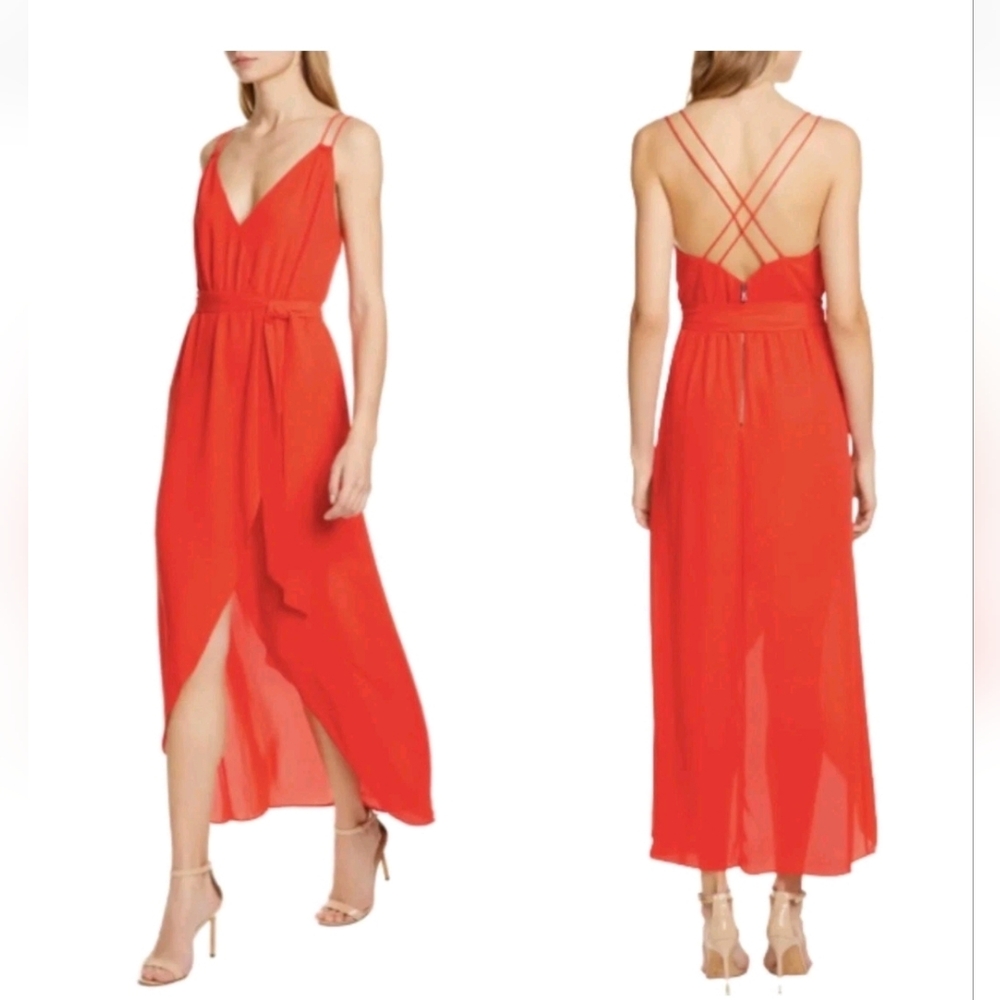 Alice + Olivia Susana Strappy Faux Wrap High Low Red Dress with Belt